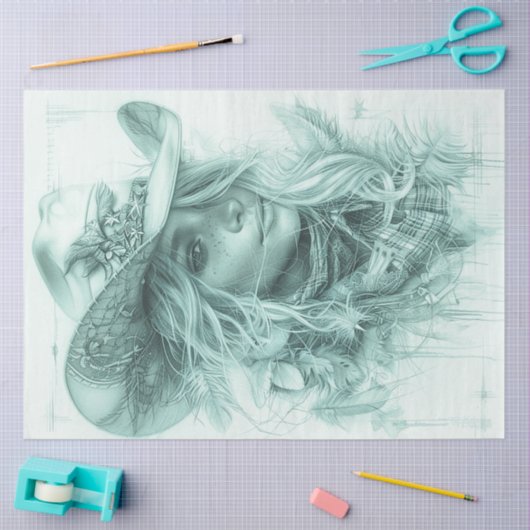 デコページポートレートデザインモノクロ女性のカーボーイ 薄葉紙 (クラフト)