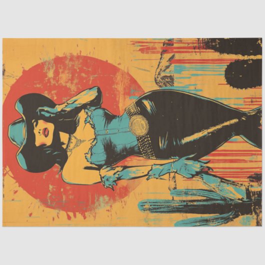 デコページレトロポップ・アートのアート女性のカーボーイピンアップポスター 薄葉紙 (正面)