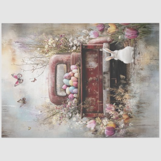 デコページヴィンテージイースターレッドトラックバニーinフィールド 薄葉紙 (正面)