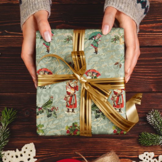 デコページヴィンテージダマスクグリーンエフェメラ ラッピングペーパー