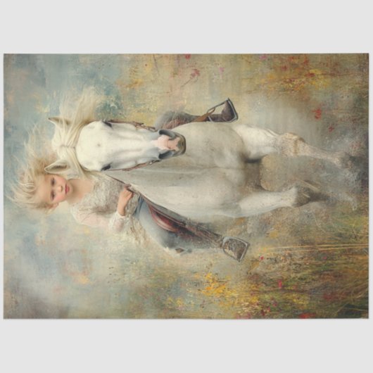 デコページ小さな女の子白馬野花 薄葉紙 (正面)