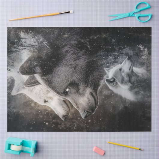 デコページ抽象芸術オオカミとクマの森のシーン 薄葉紙 (クラフト)