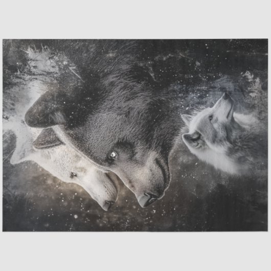 デコページ抽象芸術オオカミとクマの森のシーン 薄葉紙 (正面)