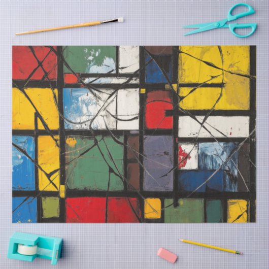 デコページ抽象芸術鮮やか幾何色正方形 薄葉紙 (クラフト)