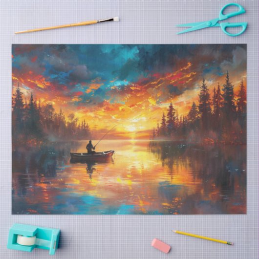 デコページ鮮やか魚釣りシーンレイクビュー 薄葉紙 (クラフト)