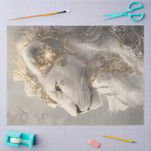 デコペ威厳のあるージホワイトライオネスオーナメントと金ゴールド 薄葉紙 (クラフト)