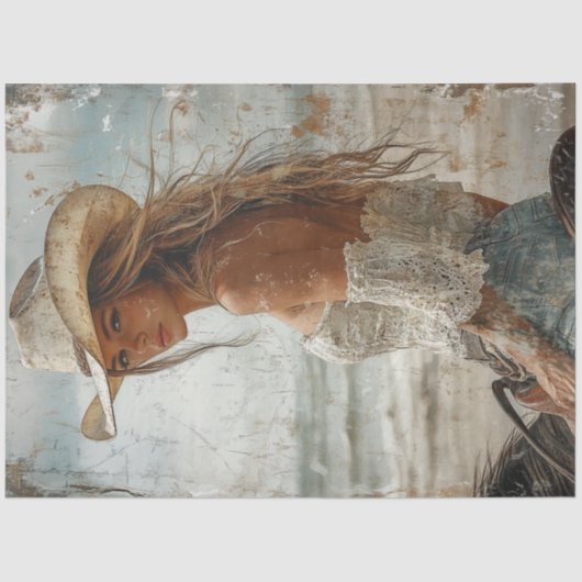 デコペ擦り切れたージ写真のブロンド女性のカーボーイオン・ホース 薄葉紙 (正面)