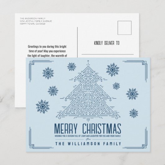 デコモダンクリスマスツリースノーフレークスライトブルー シーズンポストカード (正面/裏面)