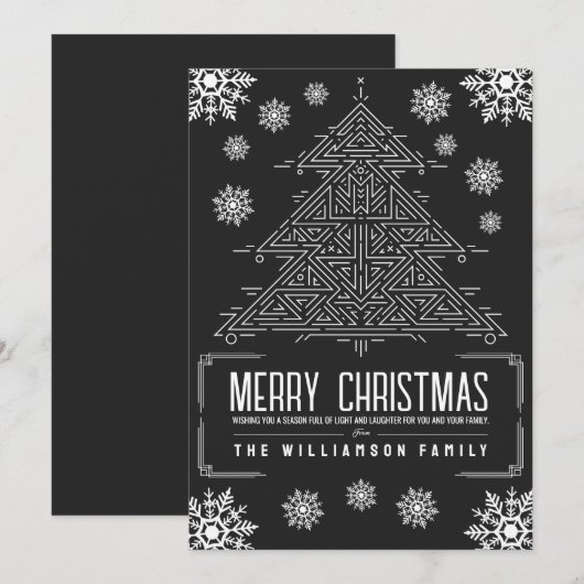 デコモダンクリスマスツリー雪片ホワイトブラック シーズンカード (正面/裏面)
