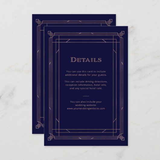 デコモダンバラ金ゴールド |ネイビー結婚ズゲスト詳細 エンクロージャーカード (正面/裏面)