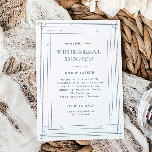 デコモダンホワイトと埃っぽいブルーリハーサルディナー 招待状
