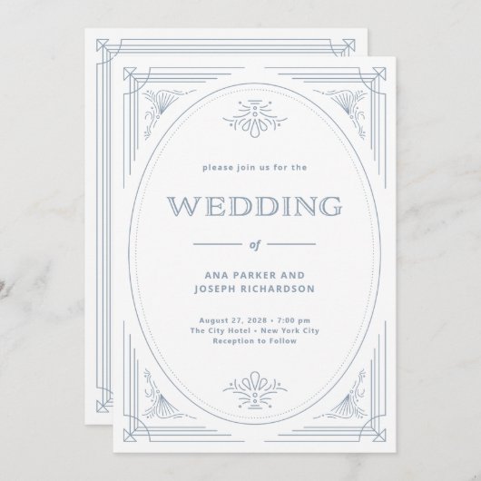 デコモダンホワイト | ほこりっぽい青結婚色 招待状 (正面/裏面)