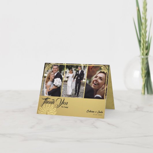 デコモダン金ゴールドピーコック3写真結婚の折り畳み サンキューカード (正面)