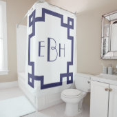 デコモノグラムホワイトネイビーブルーギリシャ鍵 シャワーカーテン (インサイチュ)