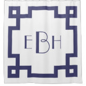 デコモノグラムホワイトネイビーブルーギリシャ鍵 シャワーカーテン (正面)