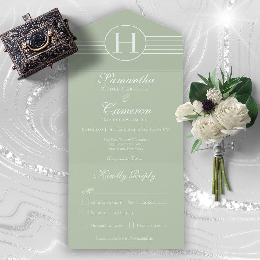 デコモノグラムモダンセージ緑ディナー オールインワン招待状