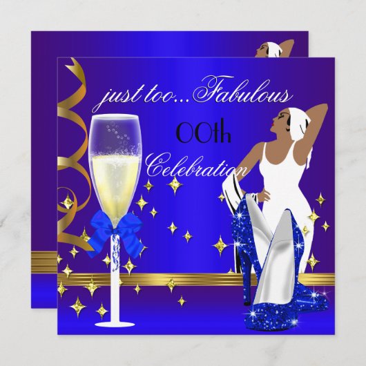 デコレディ王室のーブルー金ゴールドトゥーファブラス誕生日 招待状 (正面/裏面)