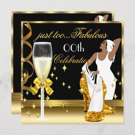 デコレディ金ゴールドブラックトゥーファブラス誕生日 招待状 (正面/裏面)