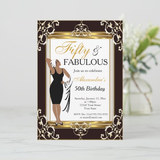 デコレディ金ゴールドブラック50th素晴らしい誕生日写真 招待状 (スタンド正面)