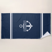 デコー航海のボートいかりネイビーホワイトパーソナライズされた ビーチタオル (正面)