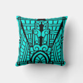 デコ建築パターン、ターコイズ、ブラック クッション (裏面)