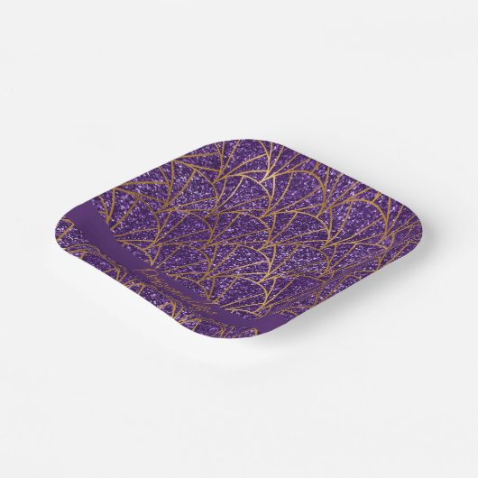 デコ王室のパープルグリッター金ゴールド幾何学模様エレガント ペーパープレート (傾斜あり)