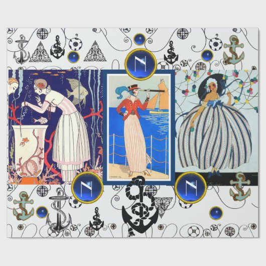 デコ航海の美しいファッションブルージェムモノグラム ラッピングペーパー (フラット)