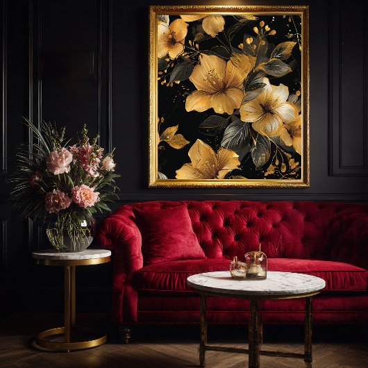 デコ金ゴールド&グレーフローラルパターン ポスター