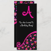 デコ モノグラム バースデー パーティー、フクシア ブラック シルバー 招待状 (正面/裏面)