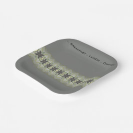 デザイナフローラアクセント付き灰色の正方形 ペーパープレート