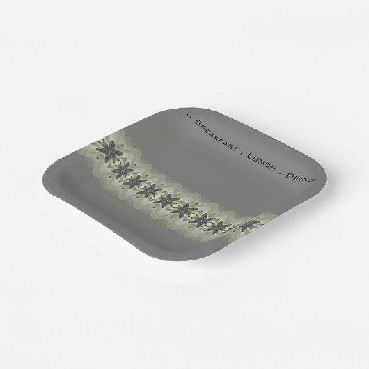 デザイナフローラアクセント付き灰色の正方形 ペーパープレート (傾斜あり)