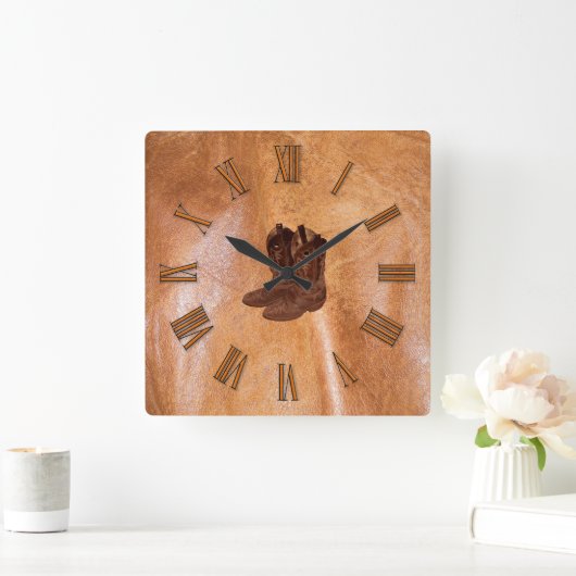 デザイナーのどによって日焼けさせる革及びカウボーイ・ブーツ スクエア壁時計 (ホーム)