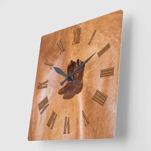 デザイナーのどによって日焼けさせる革及びカウボーイ・ブーツ スクエア壁時計 (傾斜)