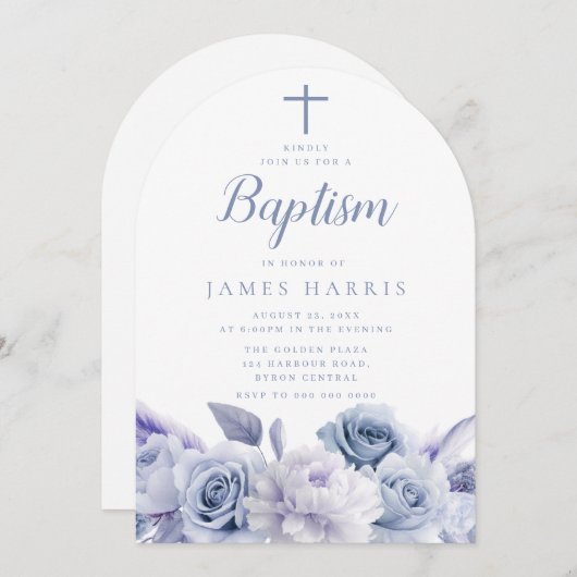 デザイナーダスティブルーフローラ少年または女の子バプテスマ 招待状 (正面/裏面)