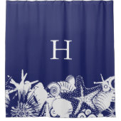 デザイナーネイビーブルー&ホワイトシーアートシェルビーチ シャワーカーテン (正面)