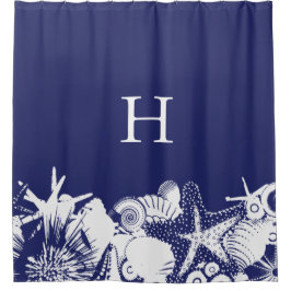 デザイナーネイビーブルー&ホワイトシーアートシェルビーチ シャワーカーテン
