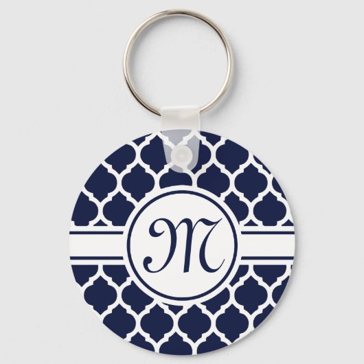 デザイナーネイビーモノグラムのロッコラティスパターン キーホルダー (正面)