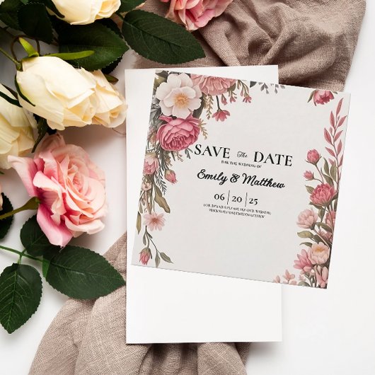 デザイナーピンクの花の花束日付を保存 セーブザデート