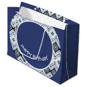 デザイナーブルーとティール（緑がかった色）ハッピーバースデー抱き枕 ラージペーパーバッグ (正面アングル)