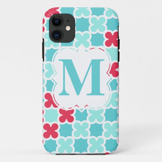 デザイナーモノグラムの赤く及び青のクローバーパターン Case-Mate iPhoneケース (裏面)