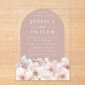 デザイナー赤面フローラダスティピンクアー結婚チ アクリル招待状 (正面)