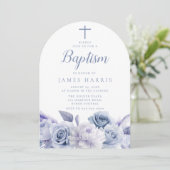 デザイナー ダスティーブルー フラワー 男の子または女の子 洗礼式 招待状 (スタンド正面)