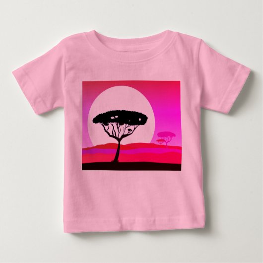 デザイナーTシャツピンクとアフリカの木 ベビーTシャツ (正面)
