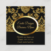 デザインエレガント金ゴールドダマスクフローラオンブラック スクエア名刺 (正面)