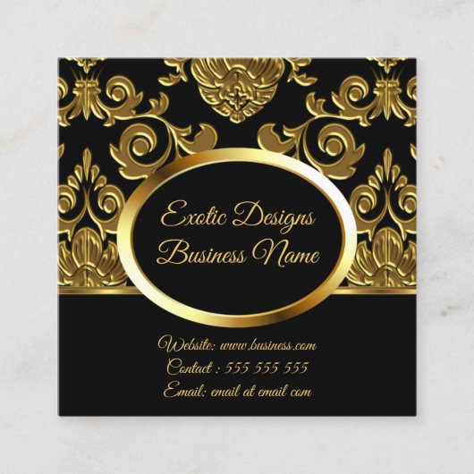 デザインエレガント金ゴールドダマスクフローラオンブラック スクエア名刺 (正面)