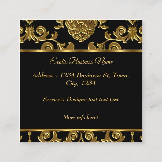 デザインエレガント金ゴールドダマスクフローラオンブラック スクエア名刺 (裏面)