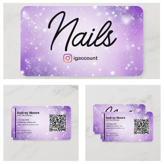 デザインパープルプロフェッショナルカードQRコード爪、 ネイル技術 名刺