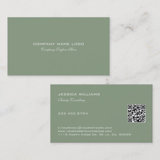 デザインミニマルホワイト文字オンセージグリーン 名刺 (正面/裏面)