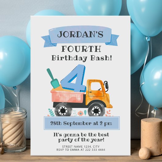 デザイン付き水色トラックの誕生日パよくはしゃぐーティ 招待状