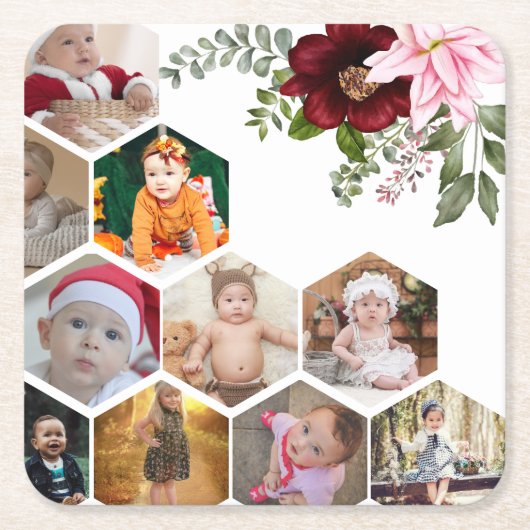 デザイン独自のフローラ10フォトコラージュ スクエアペーパーコースター (正面)